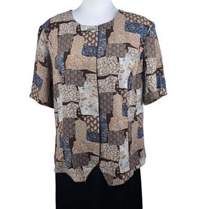 Kathy Che Women Top Sz 16 Brown Blue Button Down Round Neck Short Sleeve